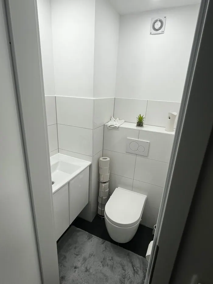 Helles Gäste-WC mit Wand-WC und Ablagefläche